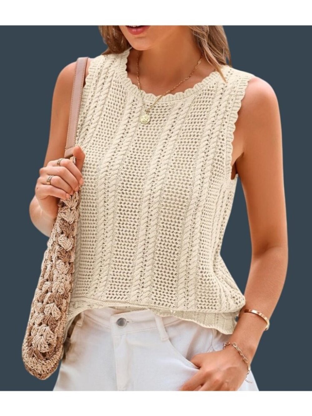 Kirundo Sleeveless Knitted Crochet Tank Top Scalloped Hem Small Cotton Ivory
